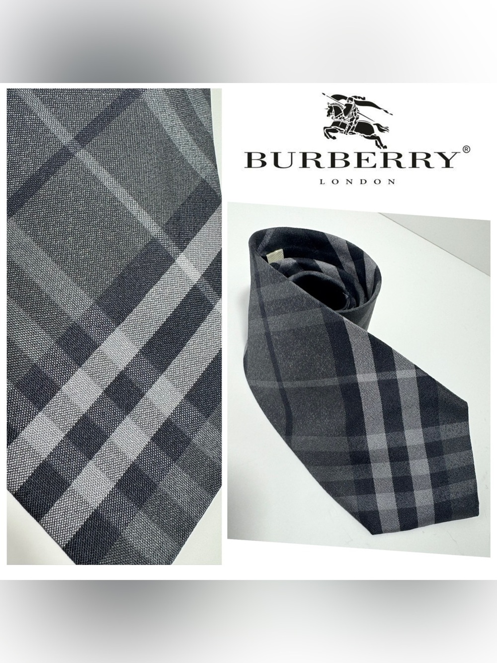 BURBERRY LONDON Men's Silk Tie Nova Check Plaid Grey